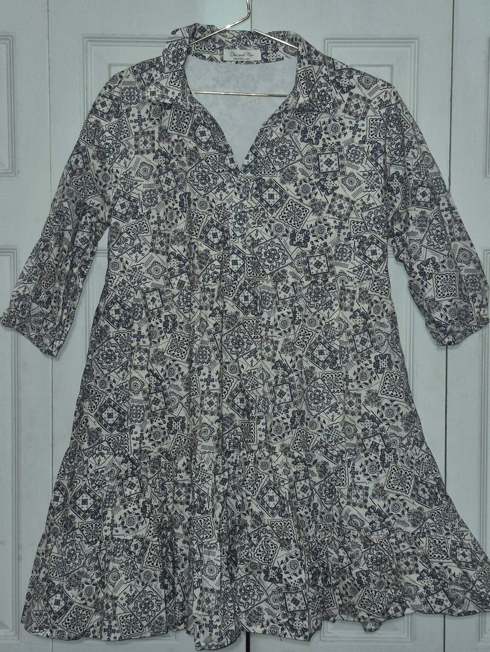 Women's Navy Blue & White Printed Tiered Dress